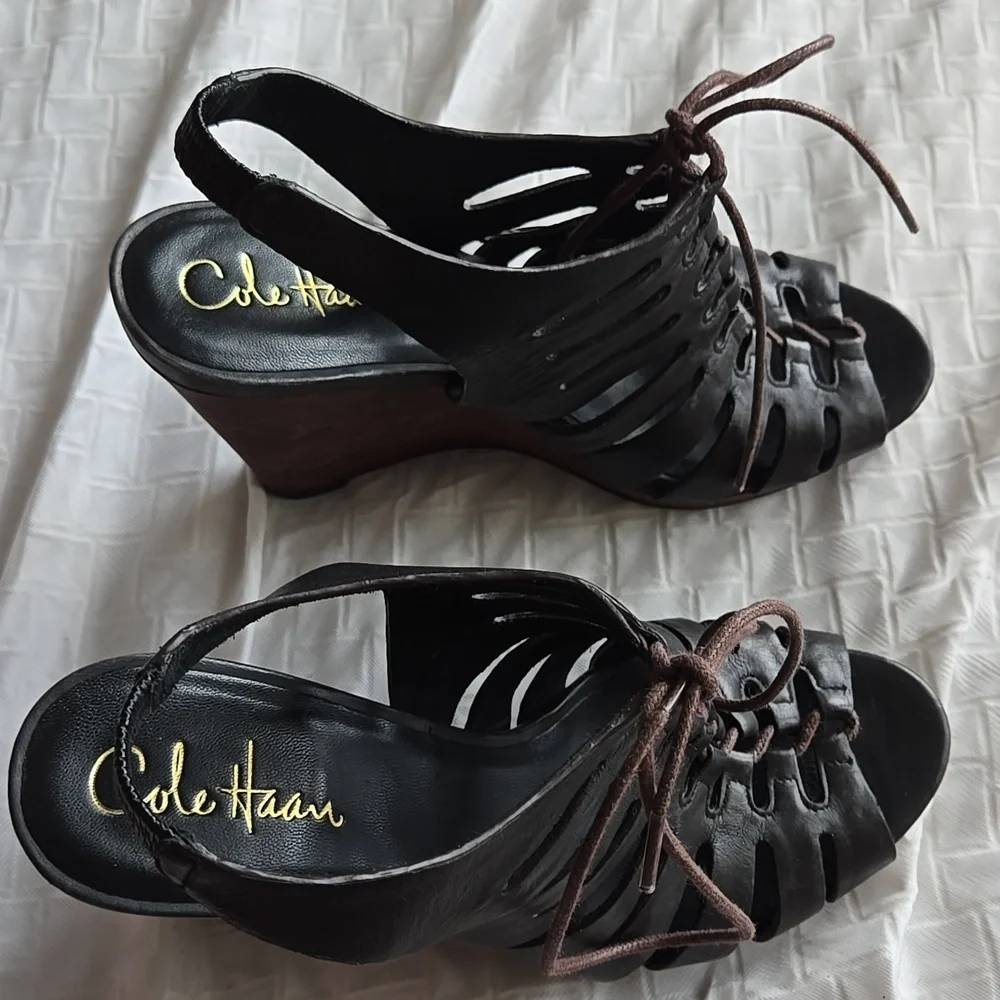 Cole Haan Sky Black Leather Lace-Up Wedge Sandals Boho Bohemian Summer Shoes